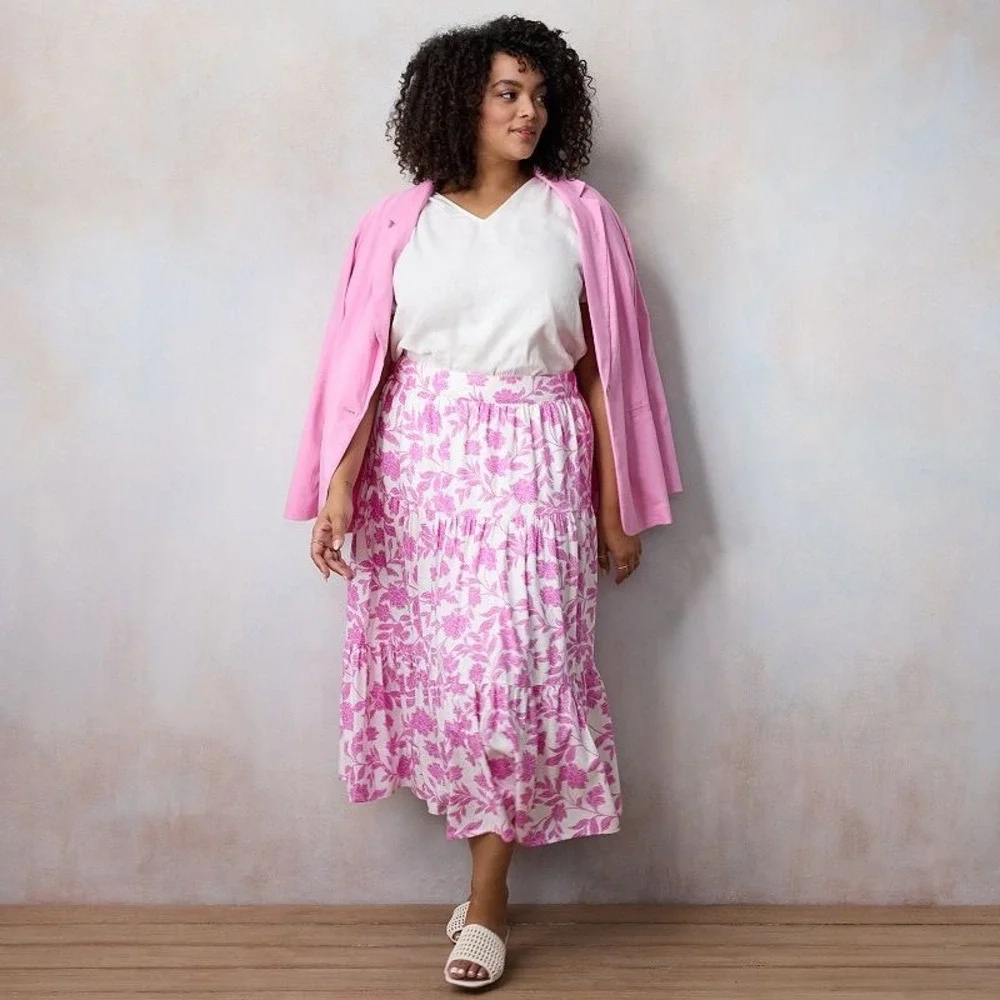 Lauren Conrad Pink Floral Tiered Midi Skirt Size 1X Linen Blend Coquette Cottage - Picture 1 of 14